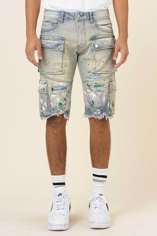 【in a row】Half Cargo Bermuda Denim First Row HAND PAINTED MULTI CARGO DENIM SHORTS 32 | Flip App