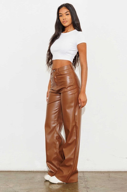 Vibrant M.i.U Vegan Leather Wide Leg Pants - Cognac3 - 9