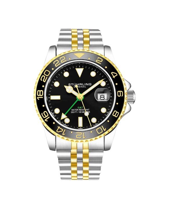 リール yUnl Stuhrling Original Meridian 3968 GMT Quartz Diver - Black