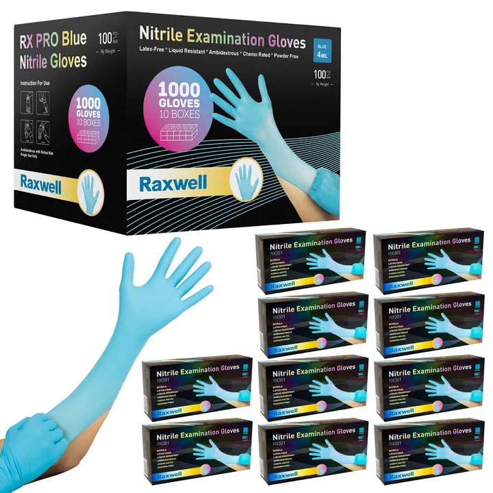 Raxwell Blue Nitrile Examination Gloves 4mil Powder-Free Latex-Free - 10-Box (1000)