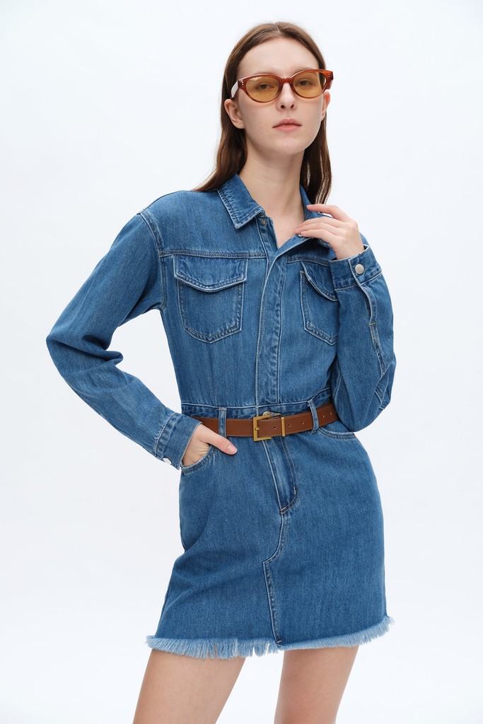 パーティードレス Doralie Blue Denim Shirt Dress Dries Van Noten Doralie Blue Denim Shirt Dress - Runway Catalog