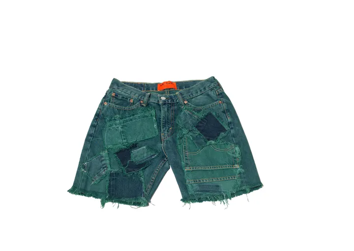 KNOTWTR Green Patched Denim Shorts