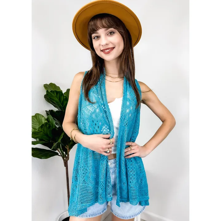 Anna-Kaci Womens Sleeveless Open Front Crochet Shawl Cardigan Bikini Cover Up
