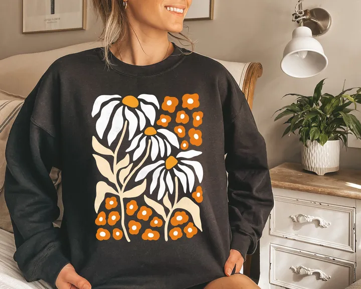 Refinery Number One Boho Botanical Daisy Art Nouveau Floral Sweatshirt