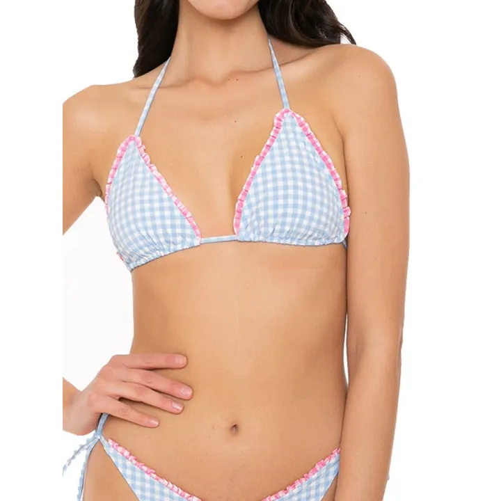 MC2 Saint Barth Light Blue Gingham Triangle Bikini Top with Adjustable Laces