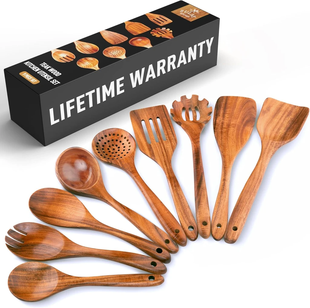 Zulay Kitchen 9-Piece Teak Wood Utensils Set - Wooden Spoons for Cooking and Serving