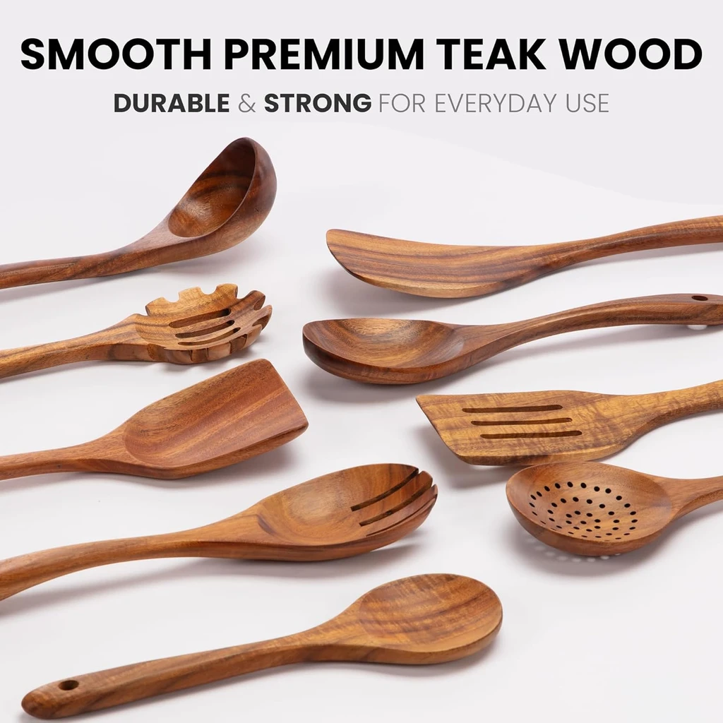 Zulay Kitchen 9-Piece Teak Wood Utensils Set - Wooden Spoons for Cooking and Serving