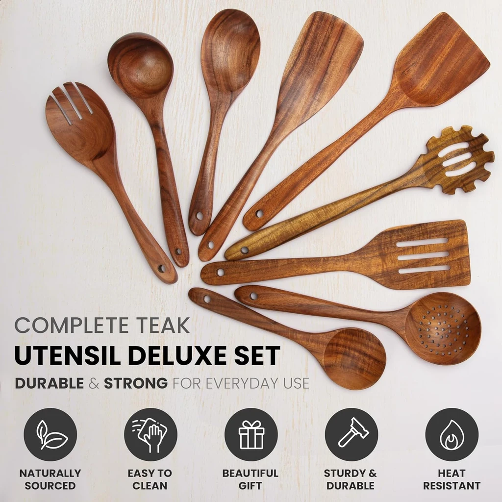 Zulay Kitchen 9-Piece Teak Wood Utensils Set - Wooden Spoons for Cooking and Serving