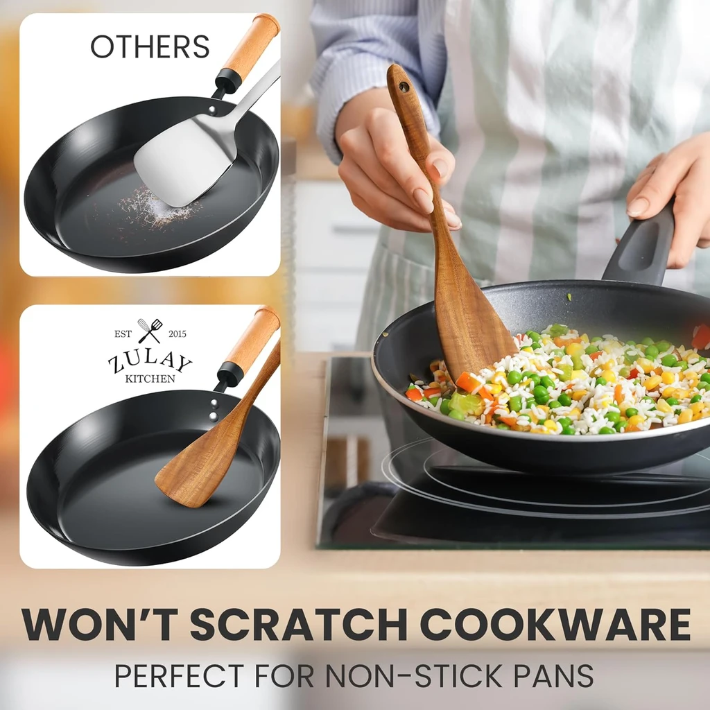 Zulay Kitchen 9-Piece Teak Wood Utensils Set - Wooden Spoons for Cooking and Serving