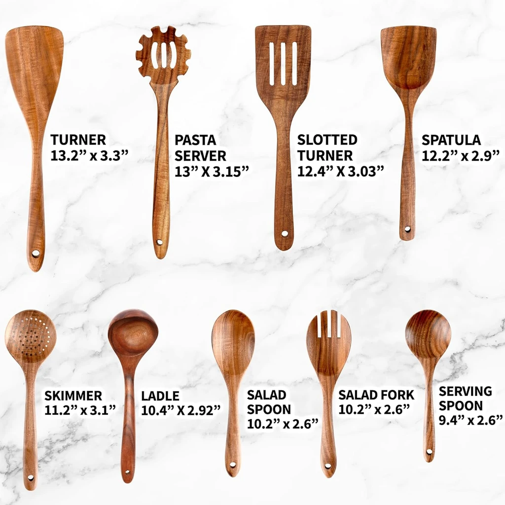 Zulay Kitchen 9-Piece Teak Wood Utensils Set - Wooden Spoons for Cooking and Serving