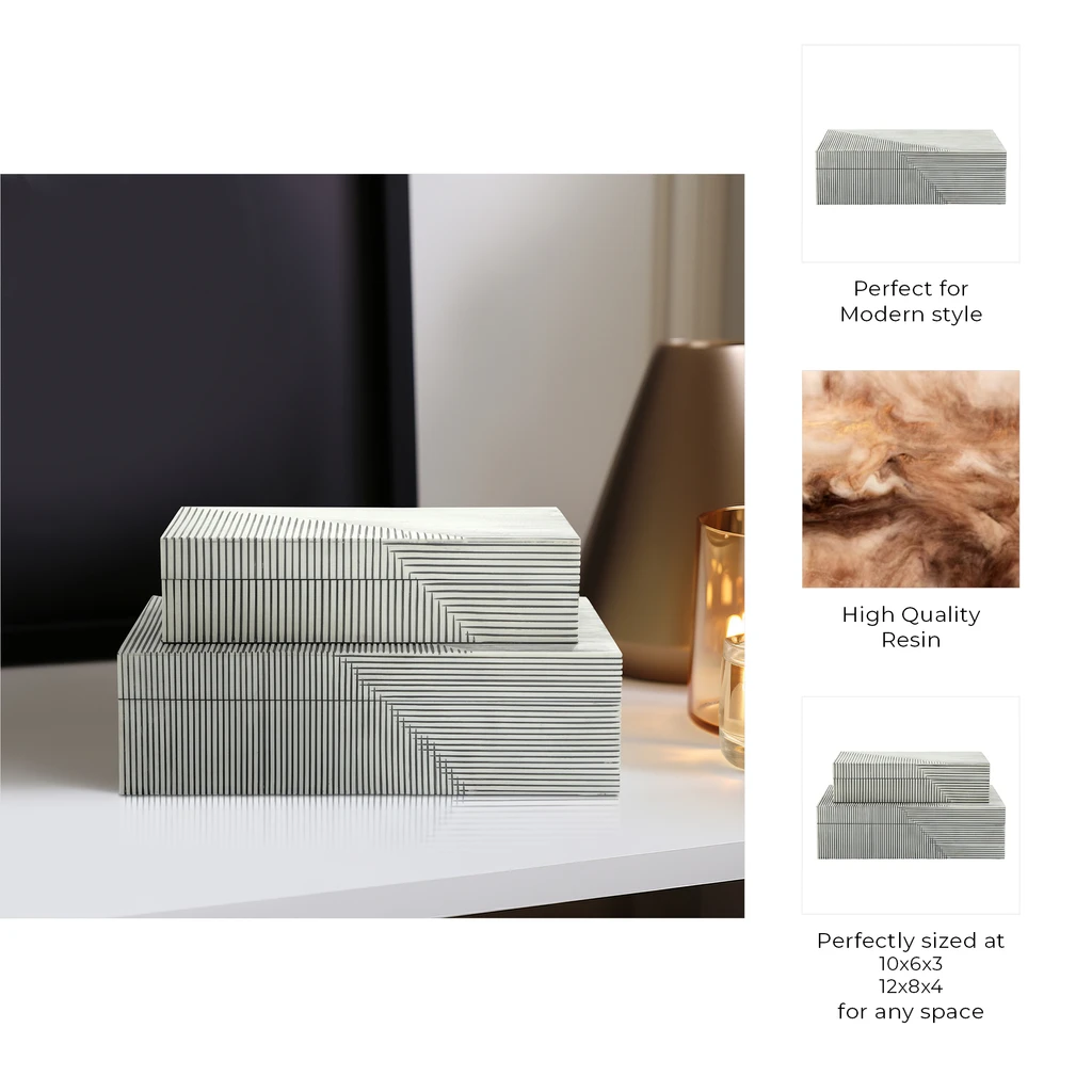 Sagebrook Home White 10/12 in. Ridged Decorative Box (Set of 2)