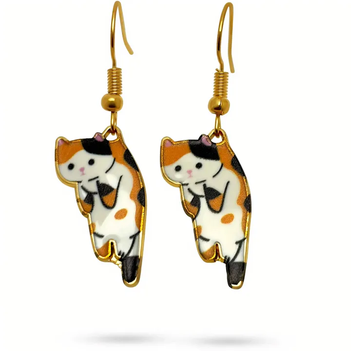 undefined Calico Cat Earrings – Cute Dangle Cat Jewelry in Gold for Cat Lovers and Gifts