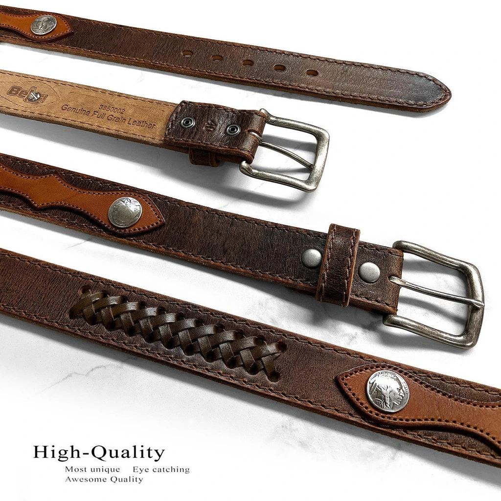 Belt Rhinestone Genuine Leather Western Antique Buckle Belt with Coin Conchos