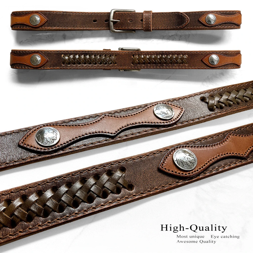 Belt Rhinestone Genuine Leather Western Antique Buckle Belt with Coin Conchos