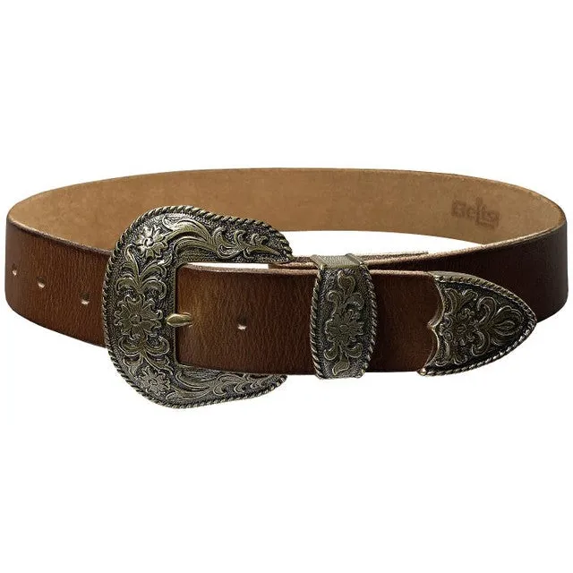 Belt Rhinestone Genuine Leather Western Floral Engraved Buckle Belt