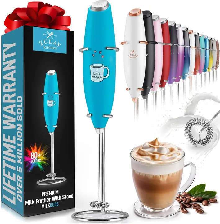 Zulay Kitchen Powerful Milk Frother Wand With Stand-Ultra Fast Handheld Drink Mixer