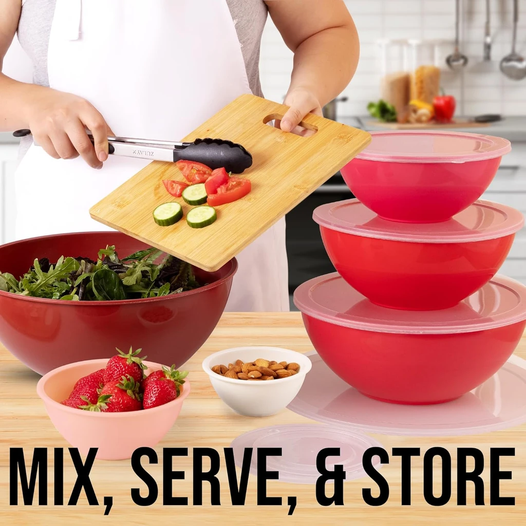 Zulay Kitchen 12-Piece Plastic Mixing Bowls Set With Lids - Stackable Cooking and Baking Bowls