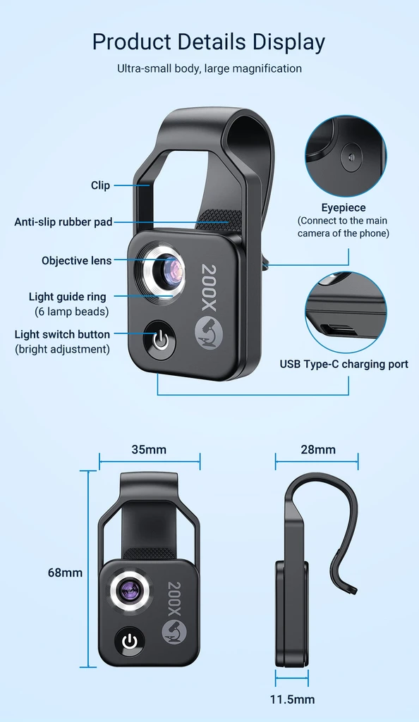 Onetify 200x Mobile Phone Magnification Lens With LED Light