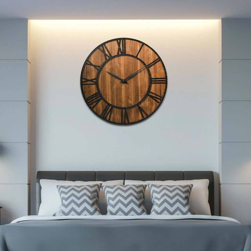 Directdeals Round Wall Clock Decorative Wooden Silent Clock With Battery