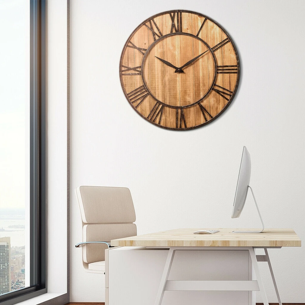 Directdeals Round Wall Clock Decorative Wooden Silent Clock With Battery