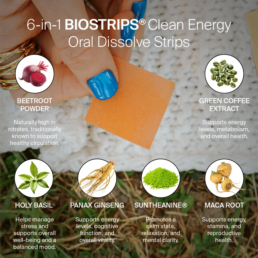 BIOSTRIPS® BIOSTRIPS Energy & Focus Sugar-free Supplement Strips, Adaptogens for Brain Fog Relief, Jitter Free, 30 ct