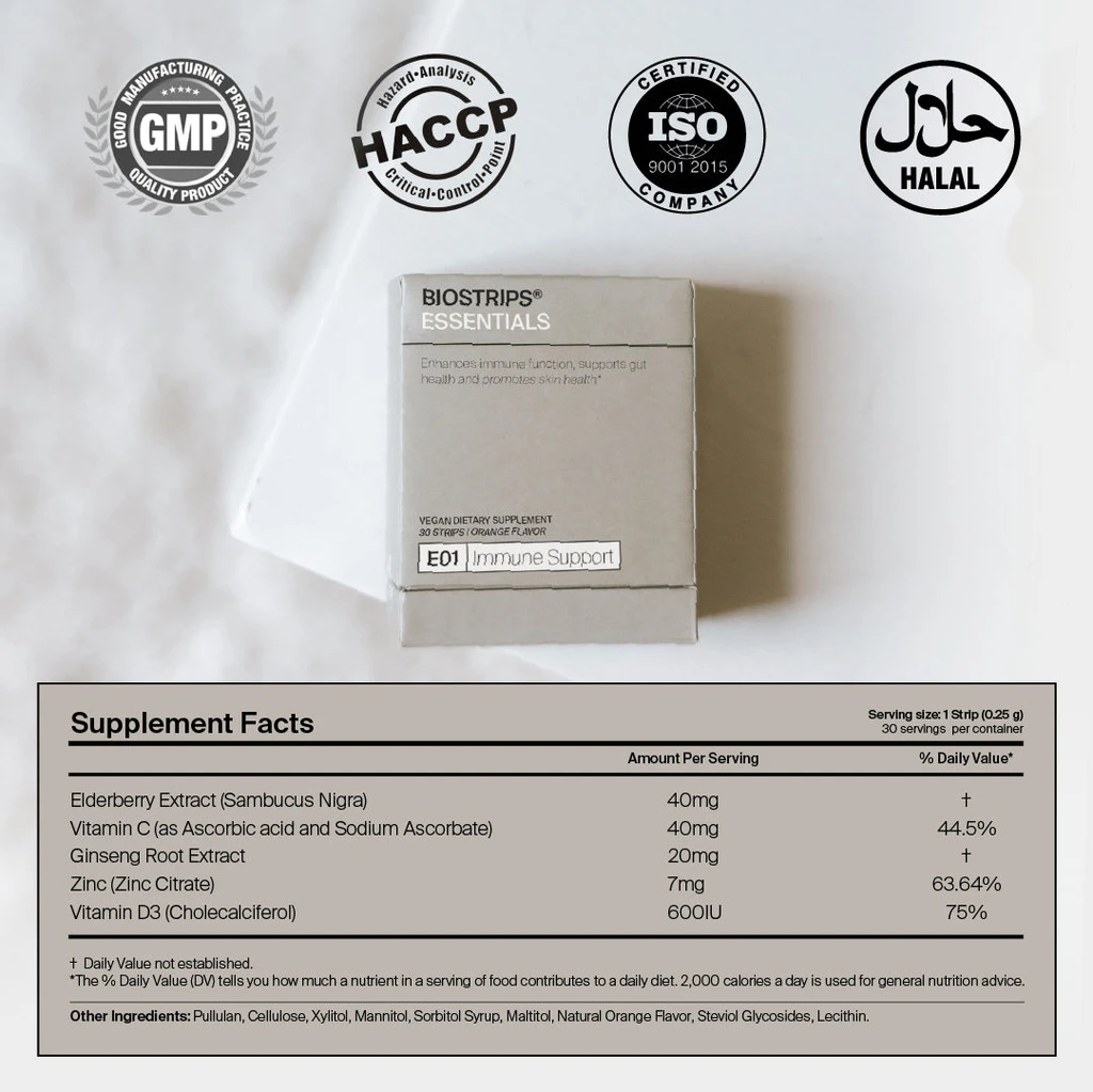 BIOSTRIPS® BIOSTRIPS Immune Support Sugar-Free Vitamin Strips for Immune, Gut Health & Skin Wellness, Adaptogens, 30ct