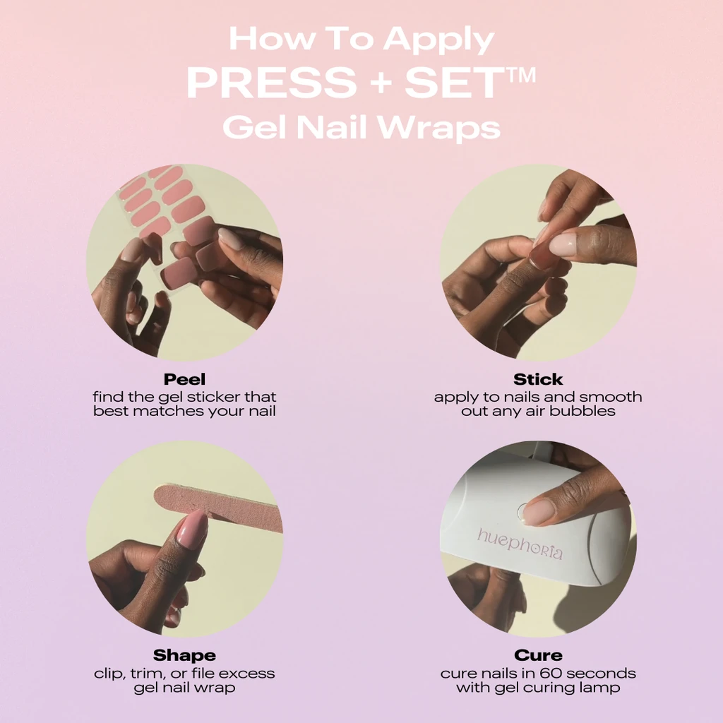 huephoria "Butterfly Kisses" Gel Nail Wraps + Gel Curing Lamp Starter Kit | Red Theory Gel Mani Nail Polish | Semi-cured Gel Nail Stickers | PRESS + SET™ Gel Nail Wraps