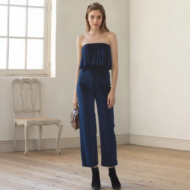 Shop at Konus Women's Ribbed Velvet Tube Top Jumpsuit in Ultra Marine