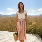 Women's Multi Stripe Button Front Midi Skirt in Rust Multi