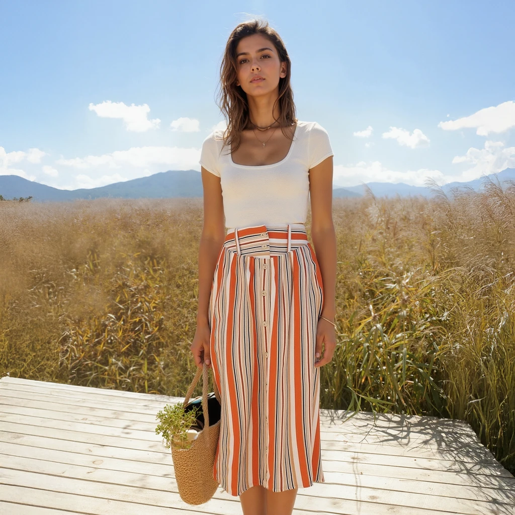 Shop at Konus Women's Multi Stripe Button Front Midi Skirt in Rust Multi