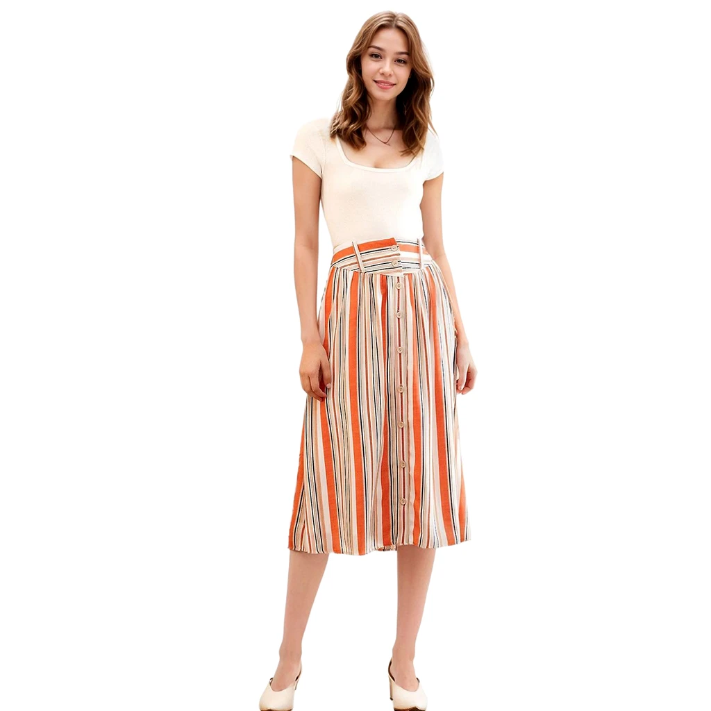 Shop at Konus Women's Multi Stripe Button Front Midi Skirt in Rust Multi