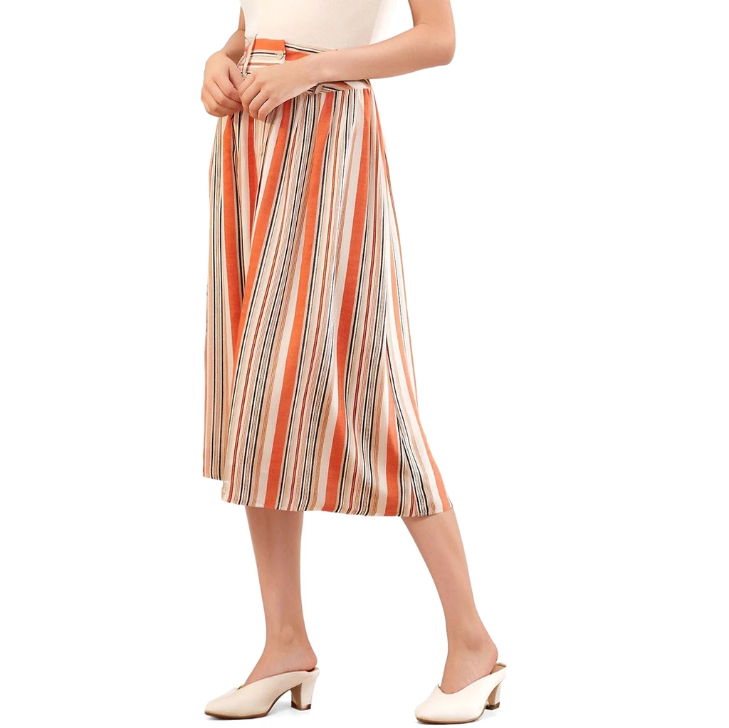 Shop at Konus Women's Multi Stripe Button Front Midi Skirt in Rust Multi