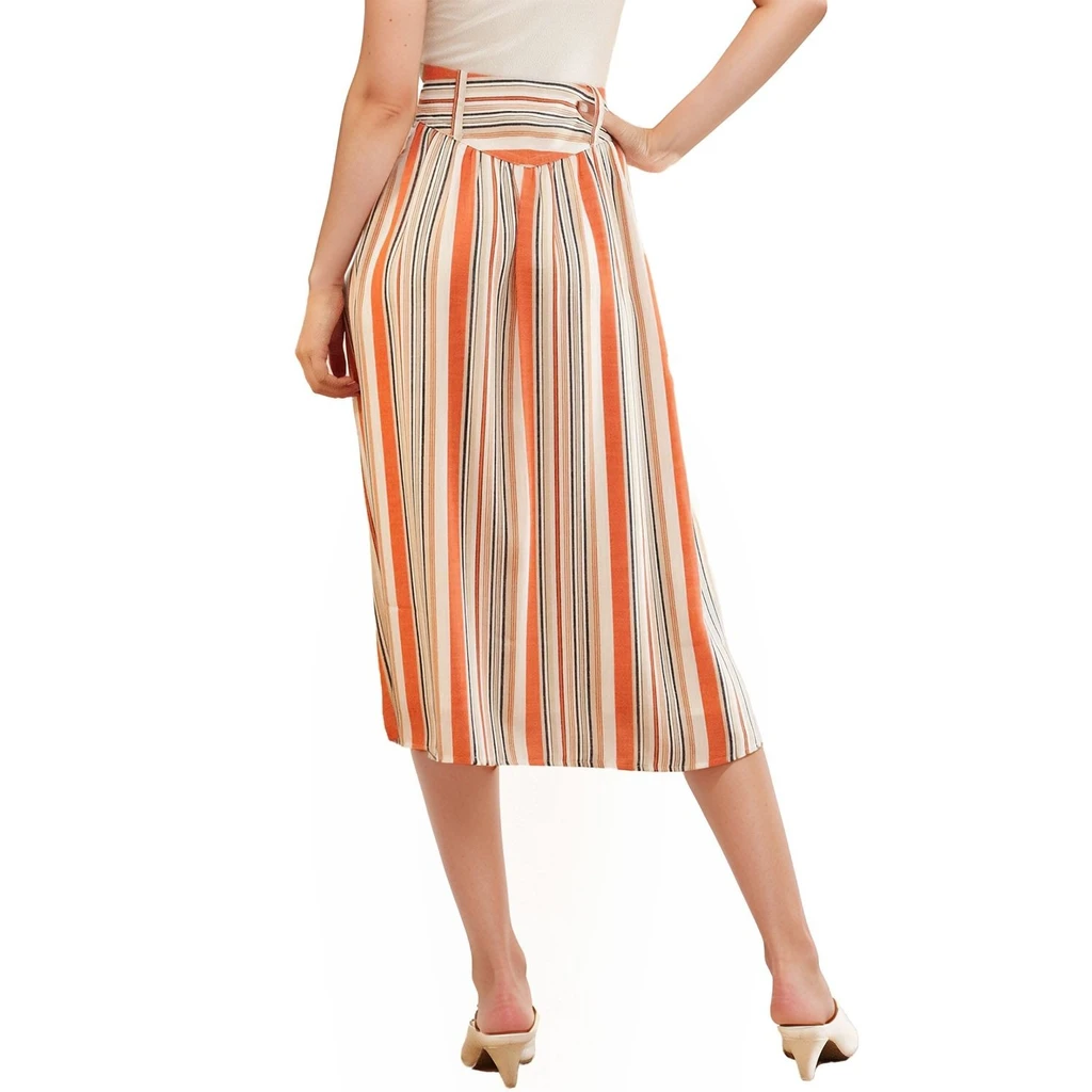 Shop at Konus Women's Multi Stripe Button Front Midi Skirt in Rust Multi