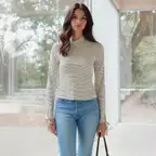 Women's Long Sleeve Mock Neck Tie Cuff Stripe Tee