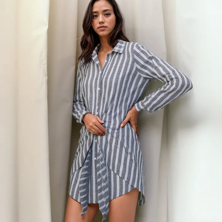 Shop at Konus Women's Lace Trim Wrapped Shirt Dress in Ditsy Gingham