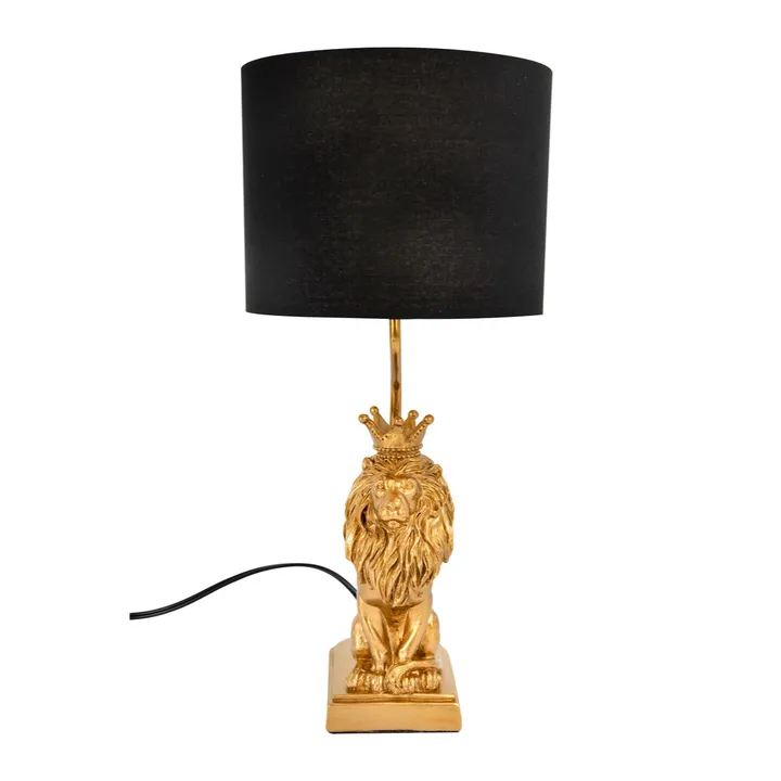 Storied Home Resin Lion Table Lamp with Black Linen Shade