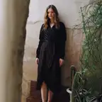 Women's Puffy Shoulder Dress in Black Stripe
