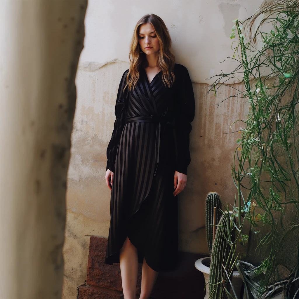 Shop at Konus Women's Puffy Shoulder Dress in Black Stripe