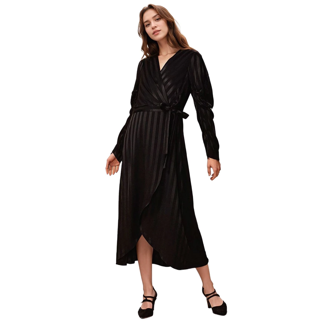 Shop at Konus Women's Puffy Shoulder Dress in Black Stripe