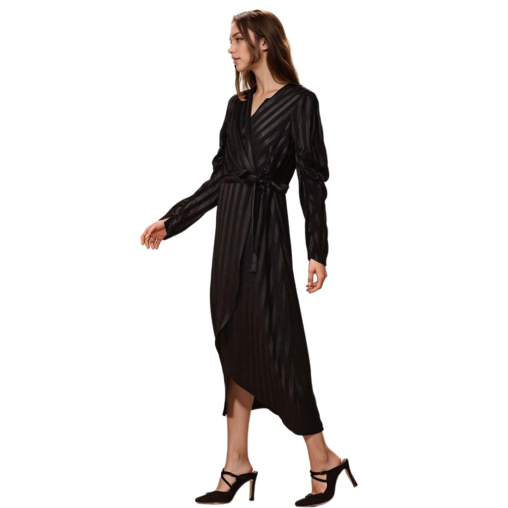 Shop at Konus Women's Puffy Shoulder Dress in Black Stripe