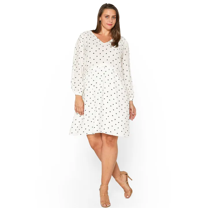 Shop at Konus Plus Size Triangle Print Long Sleeve Dress in White Triangle