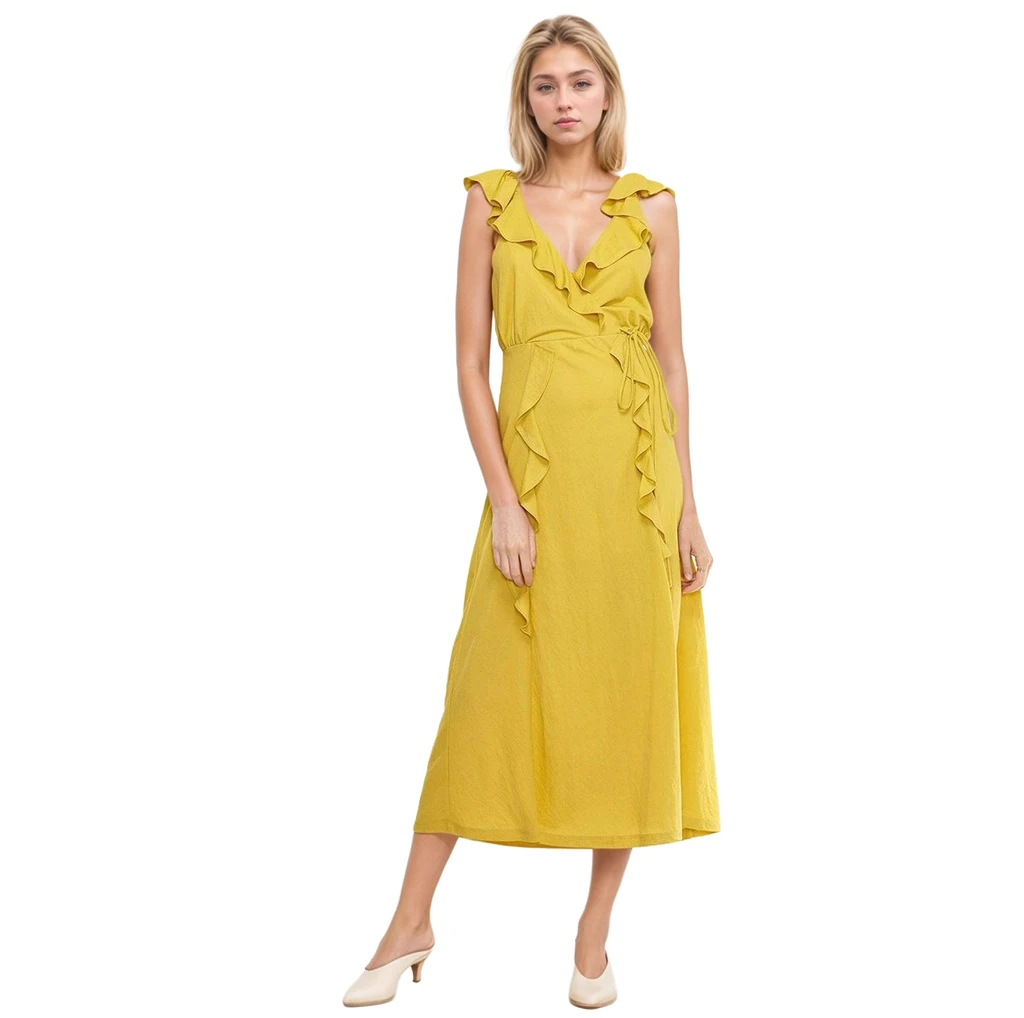Shop at Konus Women's Ruffle Trim Wrapped Maxi Dress in Mustard