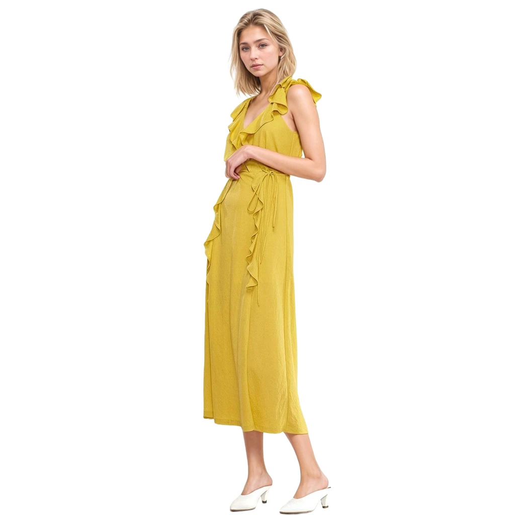Shop at Konus Women's Ruffle Trim Wrapped Maxi Dress in Mustard