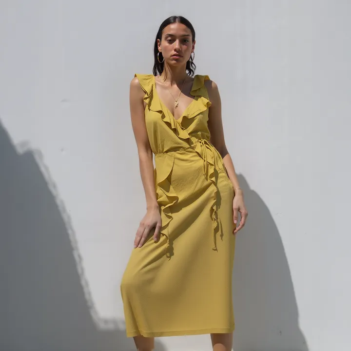 Shop at Konus Women's Ruffle Trim Wrapped Maxi Dress in Mustard