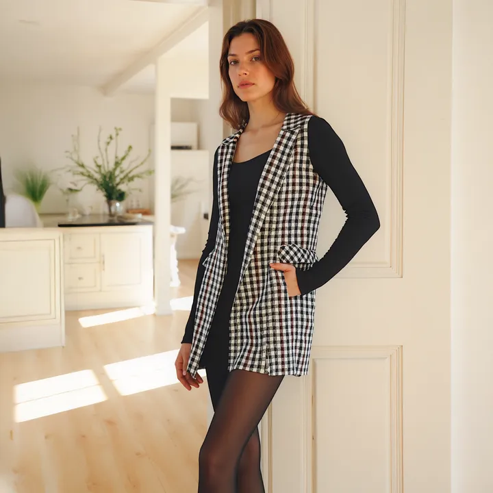Shop at Konus Pleione Womens Boucle Plaid Tweed Longline Vest