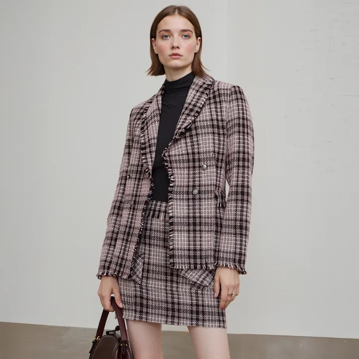 Shop at Konus Pleione Fringe Hem Plaid Tweed Blazer