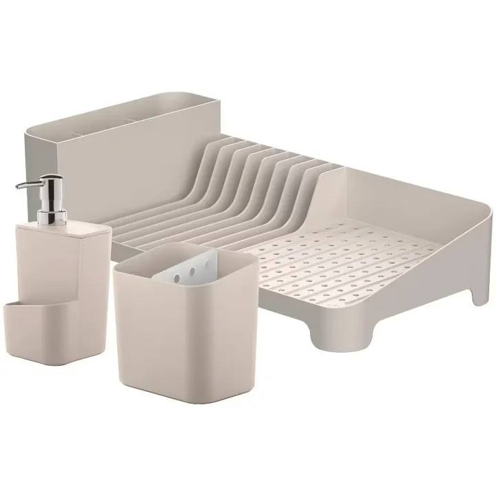 OU OU Kitchen Sink Organizer 3pc Set, Dish Drying Rack, Cutlery Drainer & Soap Dispenser with Sponge Holder