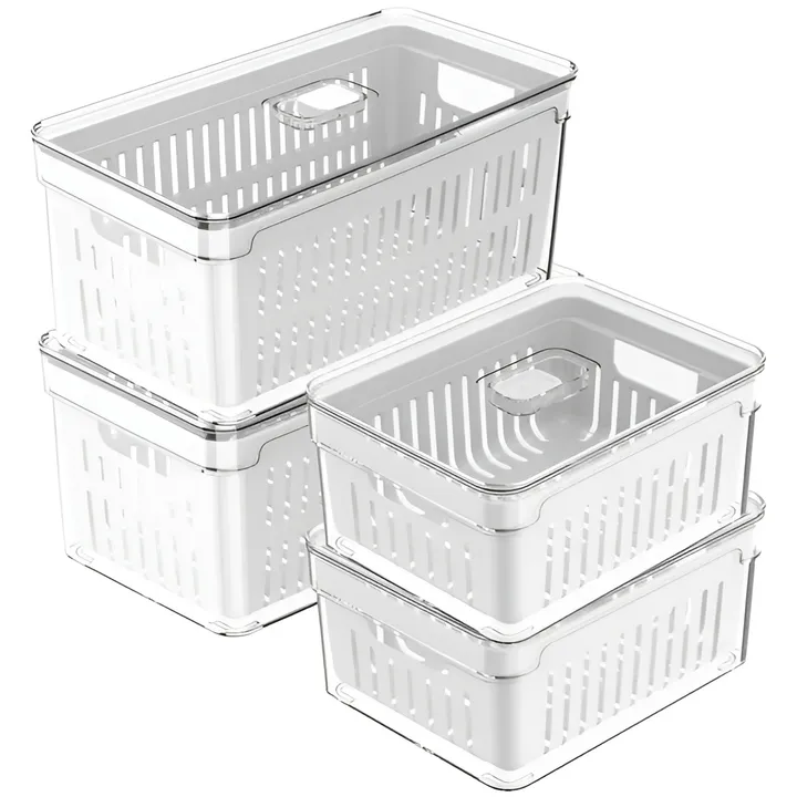 OU OU Fridge Organizer Bins with Drain Basket & Vented Lid, BPA Free Refrigerator Kitchen Storage Container