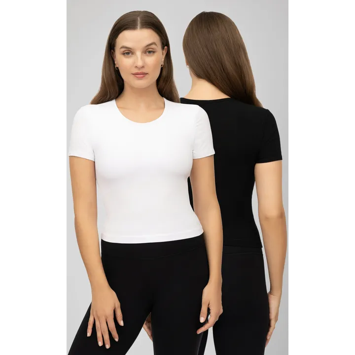 90 Degree by Reflex 2 Pack Heavenly Rib Tara Cropped Short Sleeve Shirt With Built In Bra