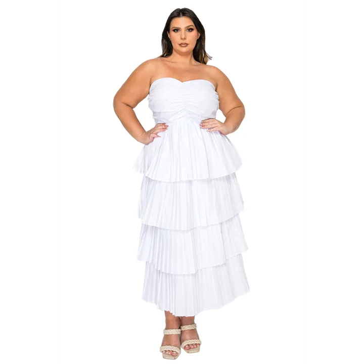 L I V D Eleni Strapless Pleated Tiered Dress